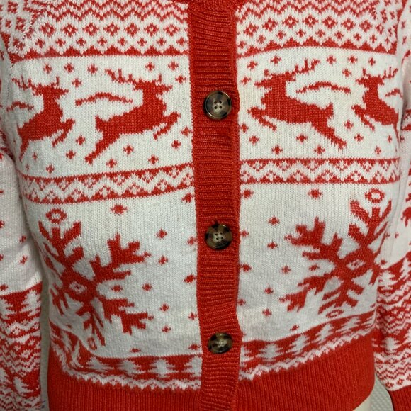 Ugly Christmas Sweater Dec. 2th Cardigan Reindeer Snowflake Red White Womens L - Picture 2 of 5